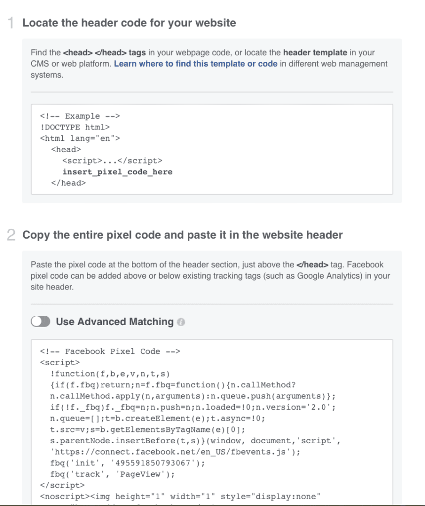 Facebook tracking pixel installation showing the pixel code