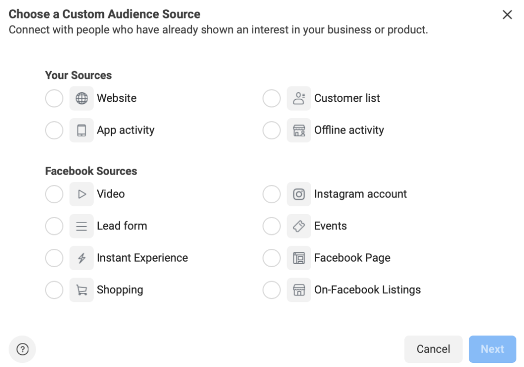 custom audiences available through Facebook