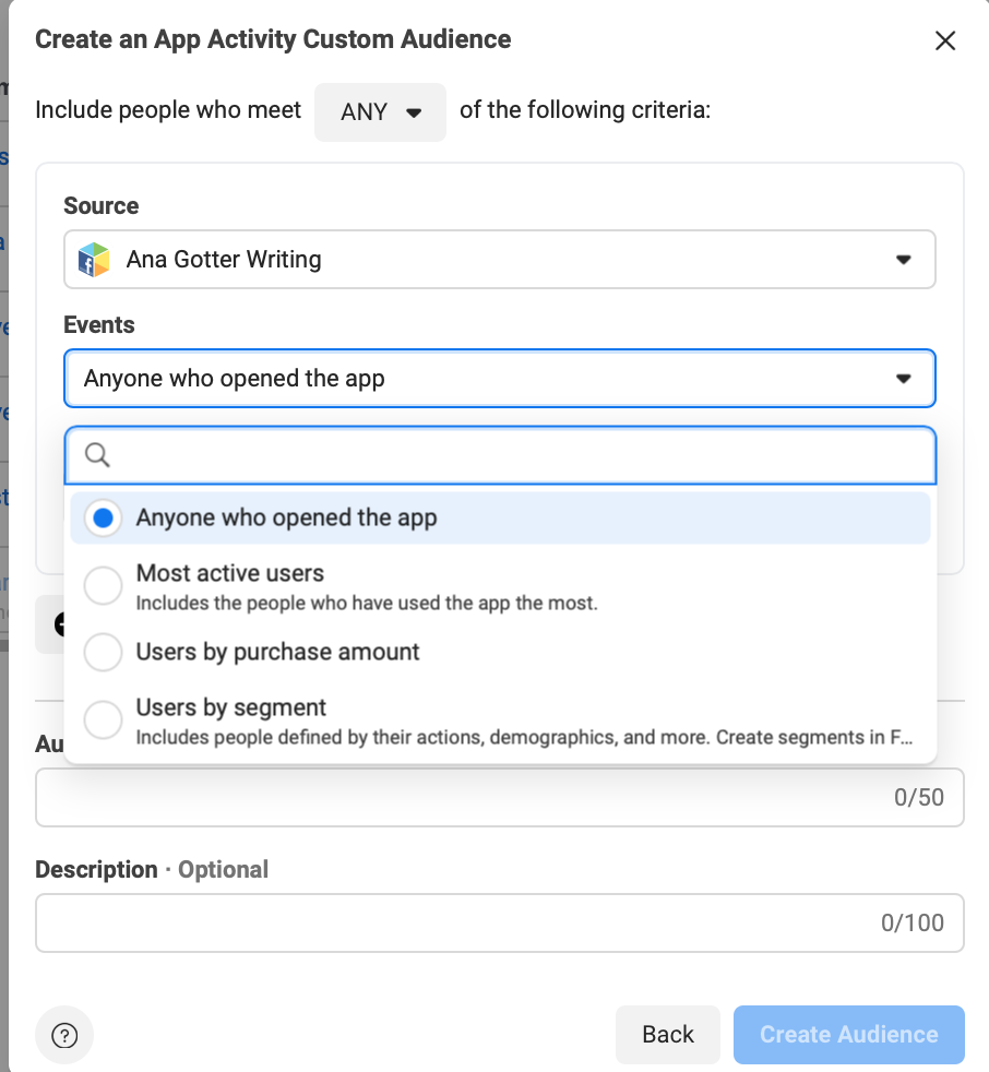 App activity custom audience creation screen