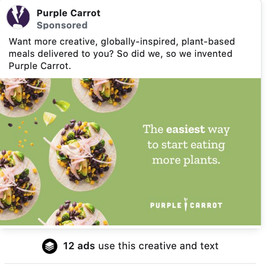 Purple Carrot Facebook Ad showing a separate set of ad copy