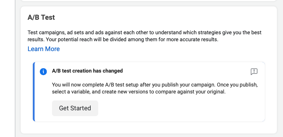 A/B testing set up on Facebook Ads
