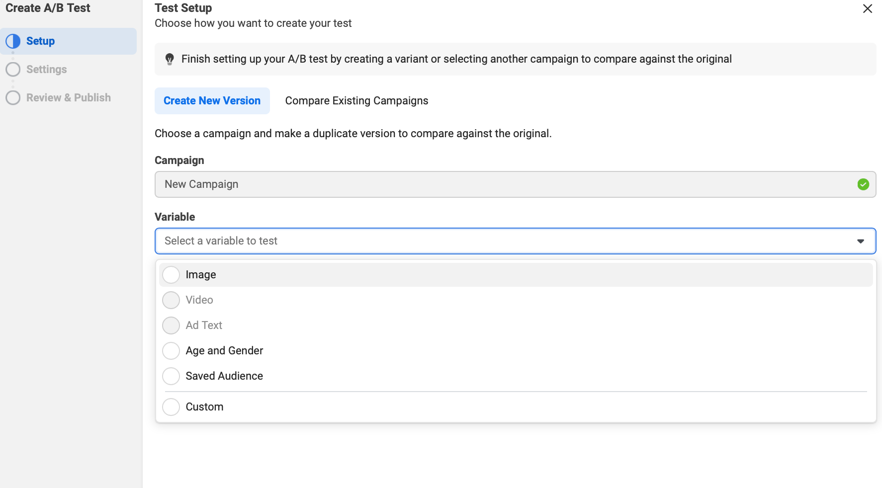 Facebook Ad a/b testing set up