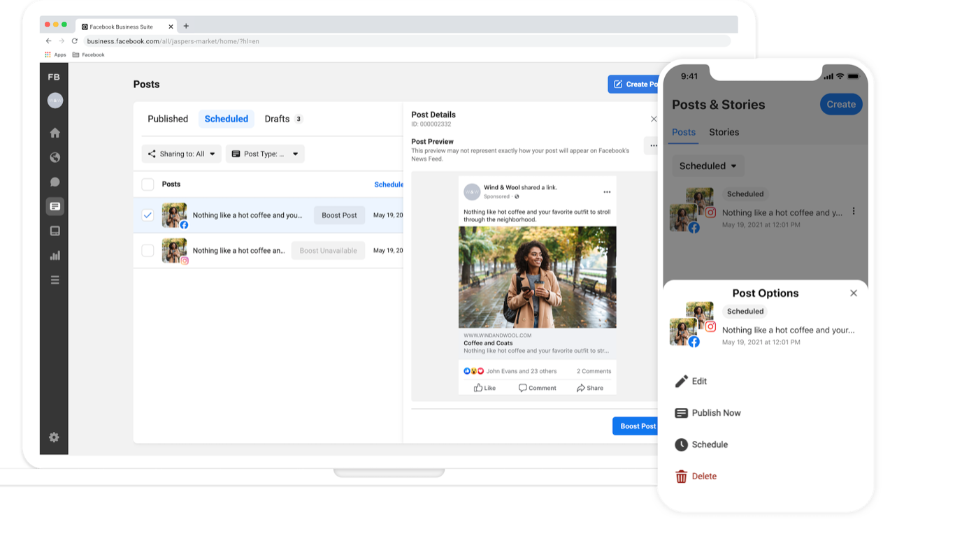Facebook update business suite showing post scheduling
