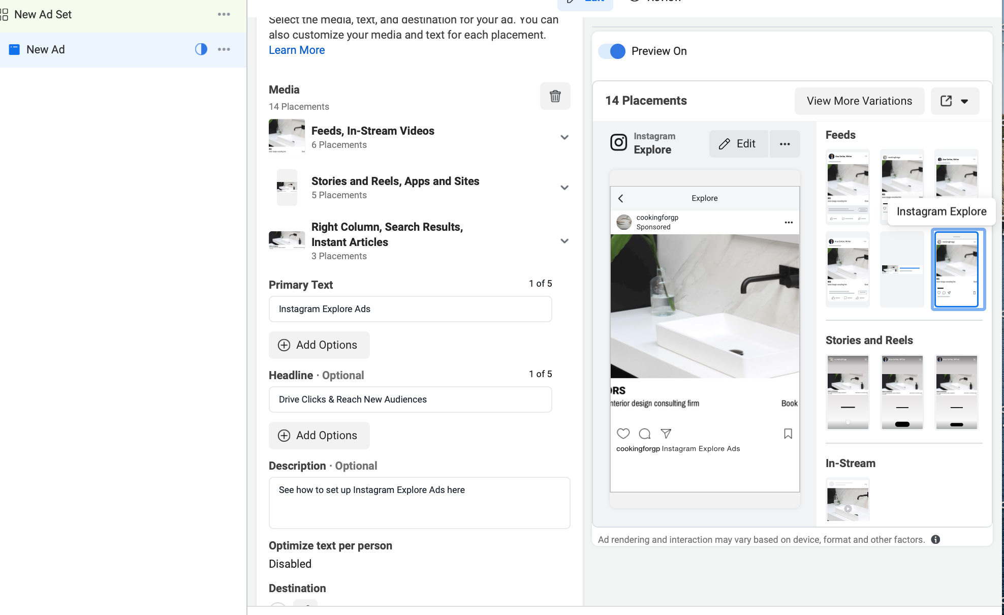 Instagram Explore ads preview in Create an Ad